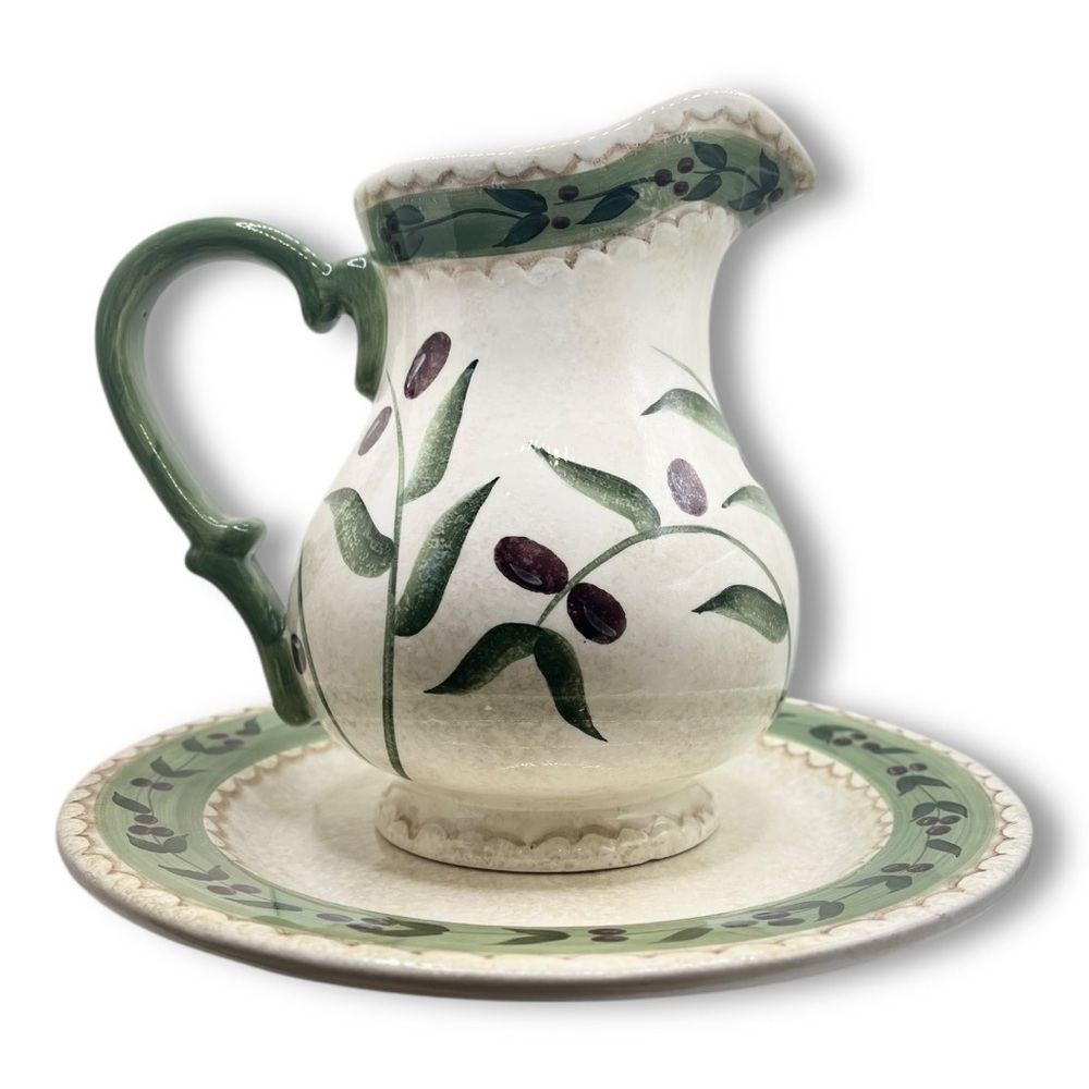 Oliveto by Oneida Vintage Stoneware Hand painted Pitcher & 11” Platter/Plate